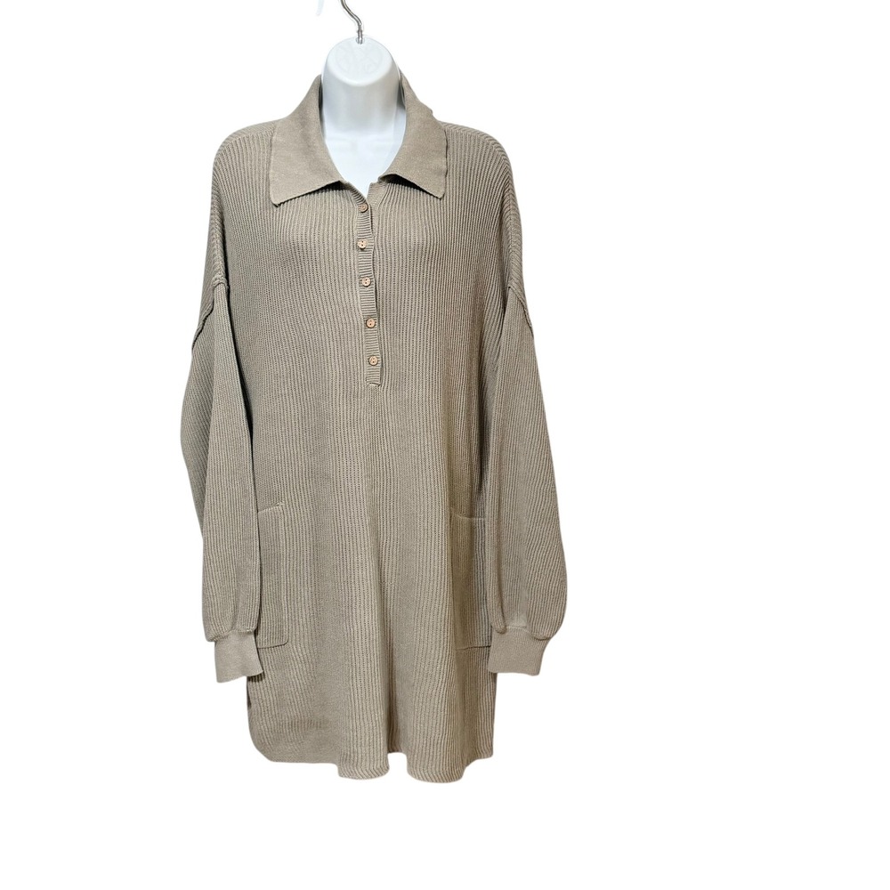 Free People Beach Ribbed Knit Polo Mini Dress Taupe Sage Green Henley Large - Picture 3 of 9